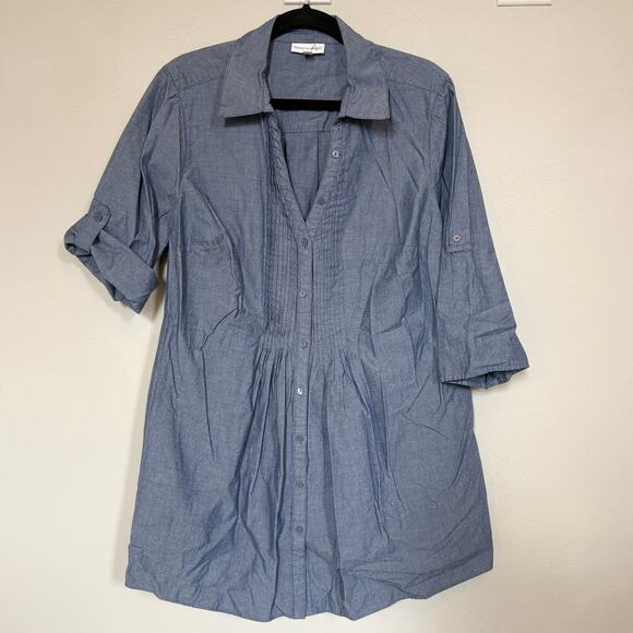 Fashion Bug Plus Size 1X Top Tunic Chambray Blue Cotton Pintuck Cottage Country - Picture 1 of 12